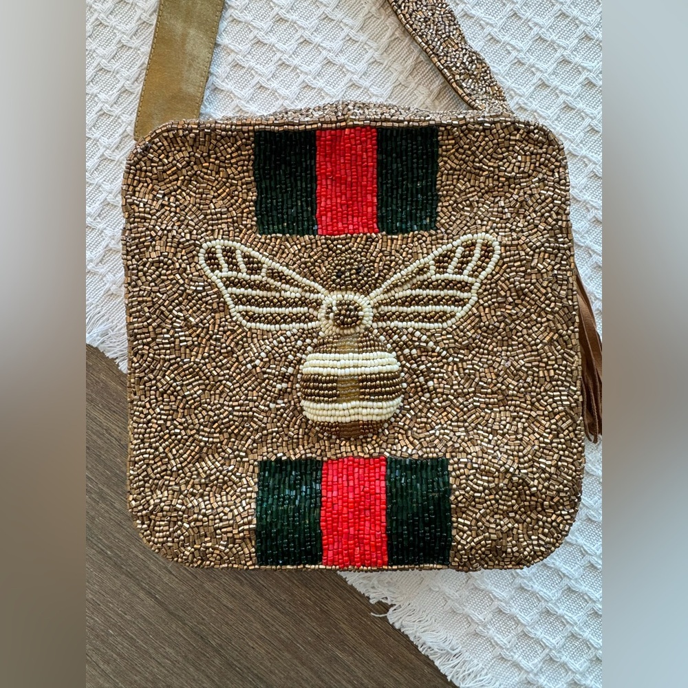 Moyna Beaded Crossbody Bag with Bee and Stripes - Picture 2 of 12